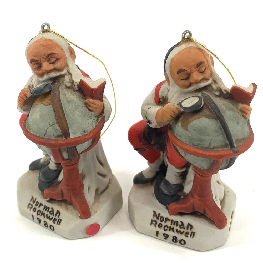 Norman Rockwell 1980‎ Santa Globe Explorer Ornament Set Lot of 2 Ceramic